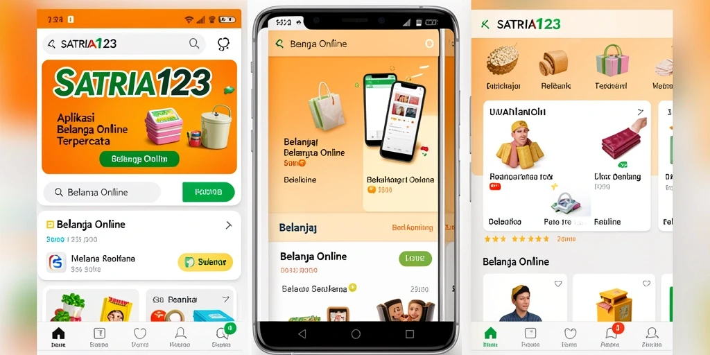 Tampilan antarmuka aplikasi SATRIA123 untuk belanja online yang intuitif.
